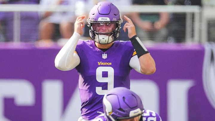 Aug 10, 2024; Minneapolis, Minnesota, USA; Minnesota Vikings quarterback J.J. McCarthy (9) under center against the Las Vegas Raiders in the third quarter at U.S. Bank Stadium. Mandatory Credit: Brad Rempel-Imagn Images