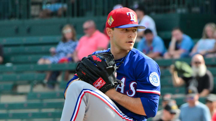 Feb 23, 2026; Tempe, Arizona, USA;  Texas Rangers pitcher Jack Leiter (22) throws in the first inning against the Los Angeles Angels during a spring training game at Tempe Diablo Stadium. Mandatory Credit: Matt Kartozian-Imagn Images