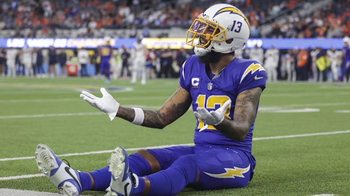Dec 10, 2023; Inglewood, California, USA; Los Angeles Chargers wide receiver Keenan Allen (13) singles to the referees during the second half in a game against the Denver Broncos at SoFi Stadium. Mandatory Credit: Yannick Peterhans-Imagn Images