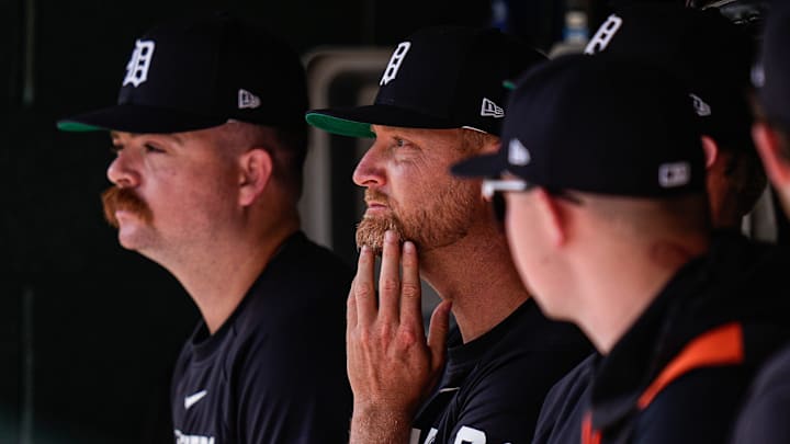 Detroit Tigers pitcher Alex Cobb watches a play from the dugout during the ninth inning at Comerica Park in Detroit on Sunday, July 27, 2025. Detroit Tigers pitcher Alex Cobb watches a play from the dugout during the ninth inning at Comerica Park in Detroit on Sunday, July 27, 2025.