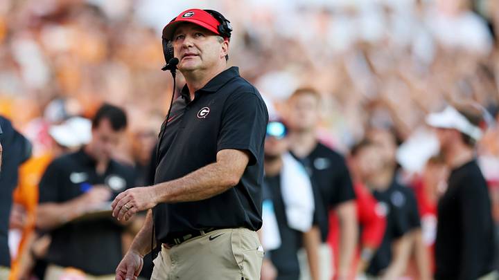 Sep 13, 2025; Knoxville, Tennessee, USA; Georgia Bulldogs head coach Kirby Smart looks on during overtime against the Tennessee Volunteers at Neyland Stadium. Mandatory Credit: Alan Poizner-Imagn Images