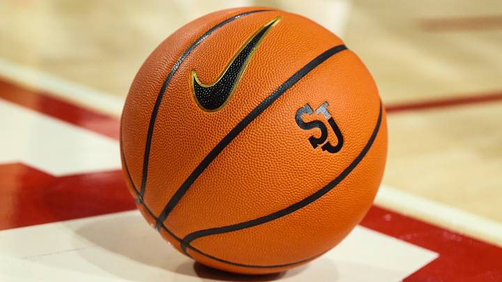 Jan 3, 2023; Queens, New York, USA; A basketball with the St. John's Red Storm logo at Carnesecca Arena. Mandatory Credit: Wendell Cruz-USA TODAY Sports Jan 3, 2023; Queens, New York, USA; A basketball with the St. John's Red Storm logo at Carnesecca Arena. Mandatory Credit: Wendell Cruz-USA TODAY Sports