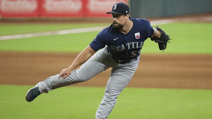 Seattle Mariners reliever Dan Altavilla throws during a game against the Houston Astros on Aug. 16, 2020, at Minute Maid Park.