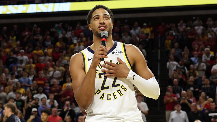 Oct 7, 2026; Ames, Iowa, USA; Indiana Pacers guard Tyrese Haliburton (0) is introduced before the game wearing his old number (22) from his time on the Iowa State Cyclones before their game with the Minnesota Timberwolves at James H. Hilton Coliseum. Mandatory Credit: Reese Strickland-Imagn Images Oct 7, 2026; Ames, Iowa, USA; Indiana Pacers guard Tyrese Haliburton (0) is introduced before the game wearing his old number (22) from his time on the Iowa State Cyclones before their game with the Minnesota Timberwolves at James H. Hilton Coliseum. Mandatory Credit: Reese Strickland-Imagn Images