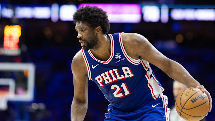 May 2, 2024; Philadelphia, Pennsylvania, USA; Philadelphia 76ers center Joel Embiid (21) in action against the New York Knicks during game six of the first round for the 2024 NBA playoffs at Wells Fargo Center.