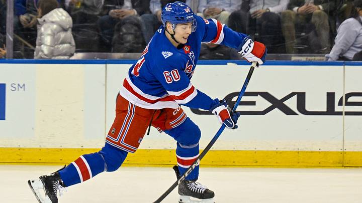 Jan 29, 2026; New York, New York, USA; New York Rangers defenseman Scott Morrow (60) attempts a shot against the New York Islanders during the first period at Madison Square Garden. Mandatory Credit: Dennis Schneidler-Imagn Images Jan 29, 2026; New York, New York, USA; New York Rangers defenseman Scott Morrow (60) attempts a shot against the New York Islanders during the first period at Madison Square Garden. Mandatory Credit: Dennis Schneidler-Imagn Images