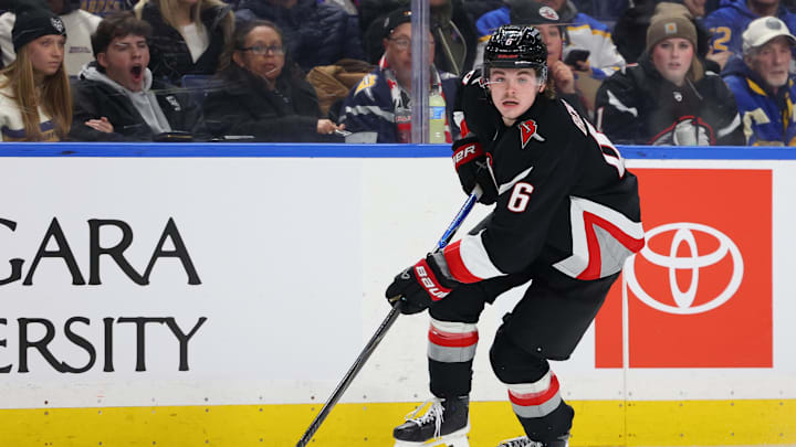 Jan 29, 2026; Buffalo, New York, USA;  Buffalo Sabres left wing Zach Benson (6) looks to make a pass during the second period against the Los Angeles Kings at KeyBank Center. Mandatory Credit: Timothy T. Ludwig-Imagn Images