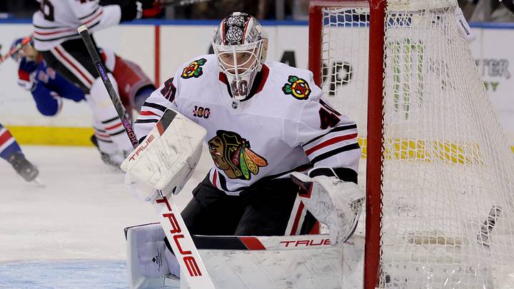 Mar 27, 2026; New York, New York, USA; Chicago Blackhawks goaltender Arvid Soderblom (40) tends net against the New York Rangers during the second period at Madison Square Garden. Mandatory Credit: Brad Penner-Imagn Images