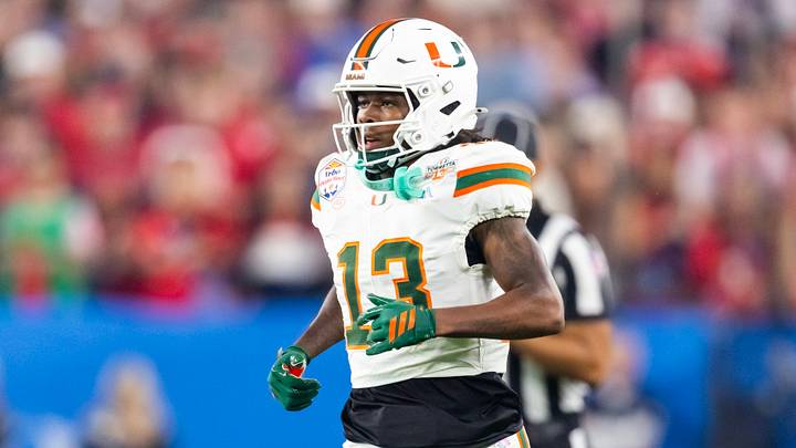 Jan 8, 2026; Glendale, AZ, USA; Miami Hurricanes defensive back Bryce Fitzgerald (13) against the Mississippi Rebels during the 2026 Fiesta Bowl and semifinal game of the College Football Playoff at State Farm Stadium. Mandatory Credit: Mark J. Rebilas-Imagn Images