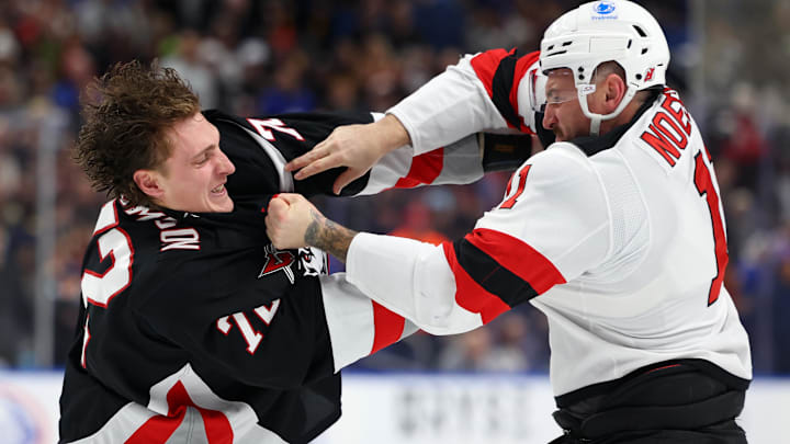 Buffalo Sabres forward Tage Thompson settled an old score with New Jersey Devils player Stefan Noesen. Buffalo Sabres forward Tage Thompson settled an old score with New Jersey Devils player Stefan Noesen.