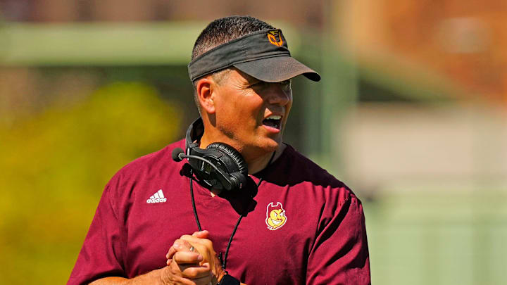 Arizona State defensive coordinator Brian Ward runs a drill for his secondary during the first day of fall practice in Tempe, Ariz. on July 30, 2025. Arizona State defensive coordinator Brian Ward runs a drill for his secondary during the first day of fall practice in Tempe, Ariz. on July 30, 2025.