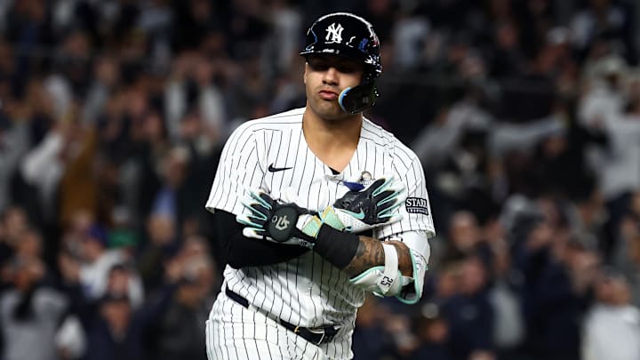 Oct 29, 2024; Bronx, New York, USA; New York Yankees second baseman Gleyber Torres (25) reacts after hitting a three run home run against the Los Angeles Dodgers in the eighth inning during game four of the 2024 MLB World Series at Yankee Stadium. Mandatory Credit: Vincent Carchietta-Imagn Images Oct 29, 2024; Bronx, New York, USA; New York Yankees second baseman Gleyber Torres (25) reacts after hitting a three run home run against the Los Angeles Dodgers in the eighth inning during game four of the 2024 MLB World Series at Yankee Stadium. Mandatory Credit: Vincent Carchietta-Imagn Images