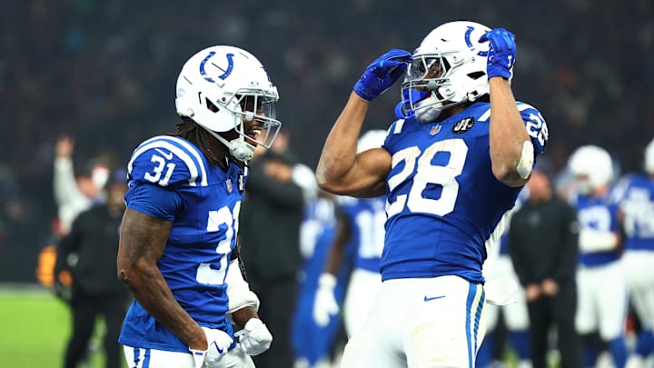 Nov 9, 2025; Berlin, GERMANY; Indianapolis Colts running back Jonathan Taylor (28) celebrates after scoring a touchdown against the Atlanta Falcons during the Berlin Game at Olympic Stadium. 