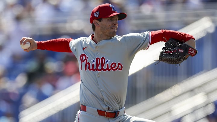 Mar 4, 2024; Dunedin, Florida, USA;  Philadelphia Phillies pitcher Griff McGarry (71) throws a pitch against the Toronto Blue Jays in the fifth inning at TD Ballpark. Mandatory Credit: Nathan Ray Seebeck-Imagn Images