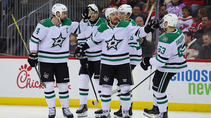 Feb 22, 2025; Newark, New Jersey, USA; Dallas Stars center Matt Duchene (95) celebrates his goal against the New Jersey Devils during the third period at Prudential Center. Mandatory Credit: Ed Mulholland-Imagn Images