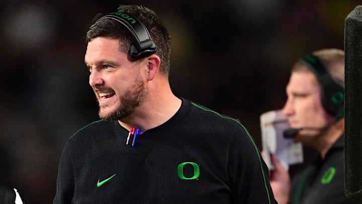 Oct 18, 2024; West Lafayette, Indiana, USA; Oregon Ducks head coach Dan Lanning reacts on the sidelines during the second quarter against the Purdue Boilermakers at Ross-Ade Stadium. Mandatory Credit: Marc Lebryk-Imagn Images