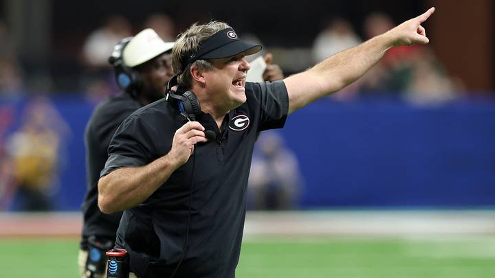 Jan 1, 2026; New Orleans, LA, USA; Georgia Bulldogs head coach Kirby Smart reacts after a play against the Mississippi Rebels in the third quarter during the 2026 Sugar Bowl and quarterfinal game of the College Football Playoff at Caesars Superdome. Mandatory Credit: Stephen Lew-Imagn Images
