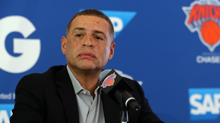 Sep 25, 2017; Greenburgh, NY, USA; New York Knicks general manager Scott Perry speaks to the media on media day at MSG Training Center.