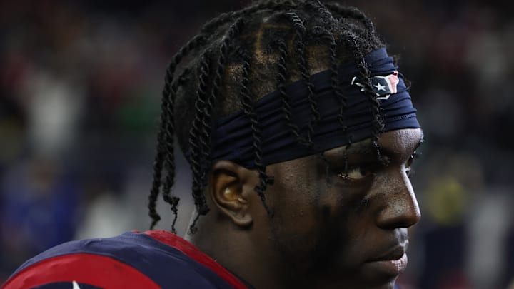 Jan 13, 2024; Houston, Texas, USA;Houston Texans linebacker Christian Harris (48) talks to the media after the Texans played the Cleveland Browns  in a 2024 AFC wild card game at NRG Stadium. Mandatory Credit: Thomas Shea-Imagn Images