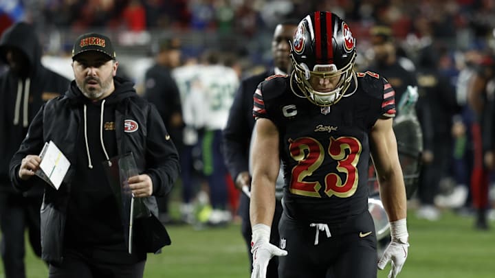 Jan 3, 2026; Santa Clara, California, USA; San Francisco 49ers running back Christian McCaffrey (23) reacts after the game against the Seattle Seahawks at Levi's Stadium. Mandatory Credit: Sergio Estrada-Imagn Images
