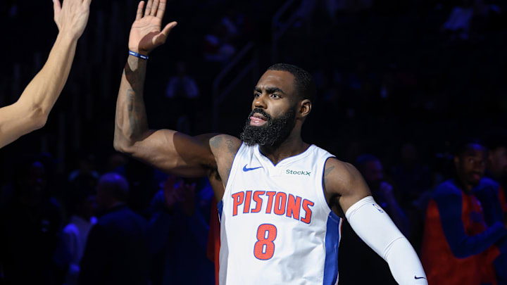 Oct 16, 2024; Detroit, Michigan, USA; Detroit Pistons forward Tim Hardaway Jr. (8) during player introductions before their preseason game against the Cleveland Cavaliers at Little Caesars Arena. Mandatory Credit: Lon Horwedel-Imagn Images Oct 16, 2024; Detroit, Michigan, USA; Detroit Pistons forward Tim Hardaway Jr. (8) during player introductions before their preseason game against the Cleveland Cavaliers at Little Caesars Arena. Mandatory Credit: Lon Horwedel-Imagn Images