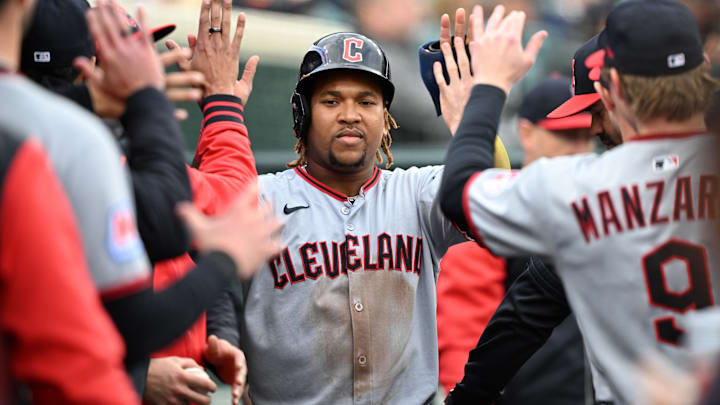 May 23, 2025; Detroit, Michigan, USA; Cleveland Guardians third baseman José Ramírez (11) celebrates in the dugout after scoring a run against the Detroit Tigers in the first inning at Comerica Park. Mandatory Credit: Lon Horwedel-Imagn Images May 23, 2025; Detroit, Michigan, USA; Cleveland Guardians third baseman José Ramírez (11) celebrates in the dugout after scoring a run against the Detroit Tigers in the first inning at Comerica Park. Mandatory Credit: Lon Horwedel-Imagn Images