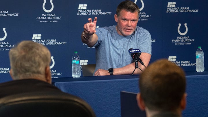 Indianapolis Colts General Manager Chris Ballard speaks to the press in a pre-draft press conference Monday, April 21, 2025 at the Colts headquarters, the Indiana Farm Bureau Football Center. Indianapolis Colts General Manager Chris Ballard speaks to the press in a pre-draft press conference Monday, April 21, 2025 at the Colts headquarters, the Indiana Farm Bureau Football Center.
