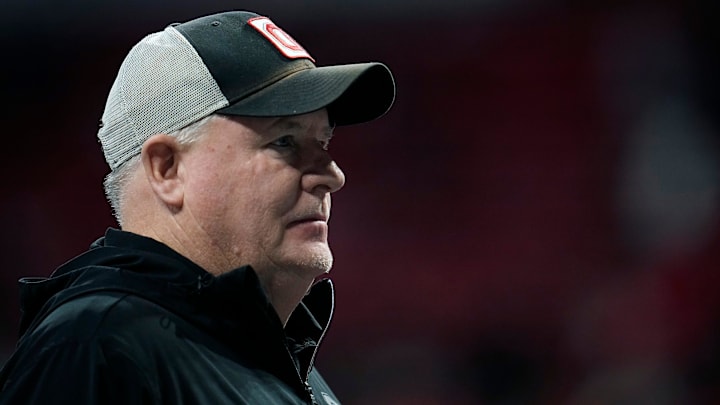 Ohio State offensive coordinator Chip Kelly watches warm ups before the start of the College Football Playoff National Championship at Mercedes-Benz Stadium in Atlanta on January 20, 2025. Ohio State offensive coordinator Chip Kelly watches warm ups before the start of the College Football Playoff National Championship at Mercedes-Benz Stadium in Atlanta on January 20, 2025.