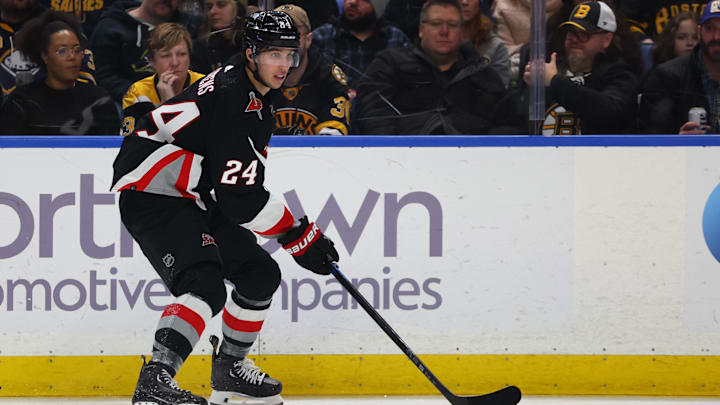 Dec 27, 2023; Buffalo, New York, USA;  Buffalo Sabres center Dylan Cozens (24) looks to make a pass