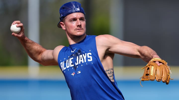 Feb 17, 2023; Dunedin, FL, USA;  Toronto Blue Jays third baseman Matt Chapman (26) participates in