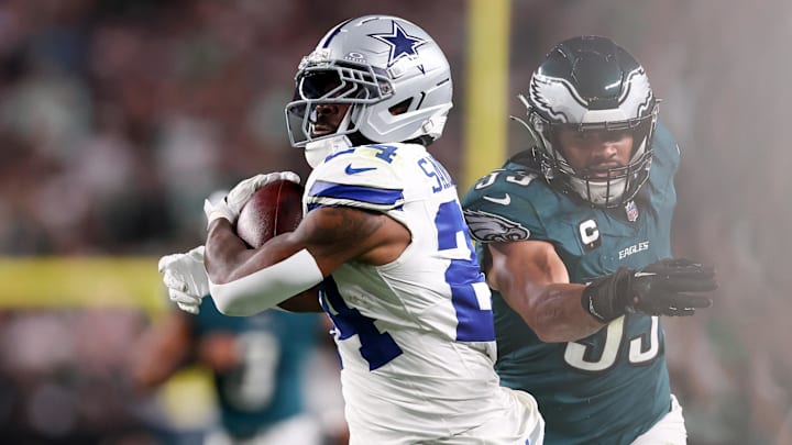 Sep 4, 2025; Philadelphia, Pennsylvania, USA; Dallas Cowboys running back Miles Sanders (24) is chased by Philadelphia Eagles linebacker Zack Baun (53). Sep 4, 2025; Philadelphia, Pennsylvania, USA; Dallas Cowboys running back Miles Sanders (24) is chased by Philadelphia Eagles linebacker Zack Baun (53).