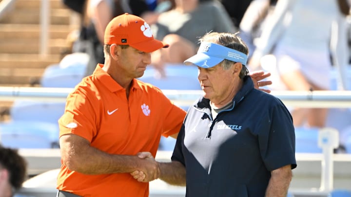 Chapel Hill, North Carolina, USA; Clemson Tigers head coach Dabo Swinney with North Carolina Tar Heels head coach Bill Belichick before the game at Kenan Stadium. Chapel Hill, North Carolina, USA; Clemson Tigers head coach Dabo Swinney with North Carolina Tar Heels head coach Bill Belichick before the game at Kenan Stadium.