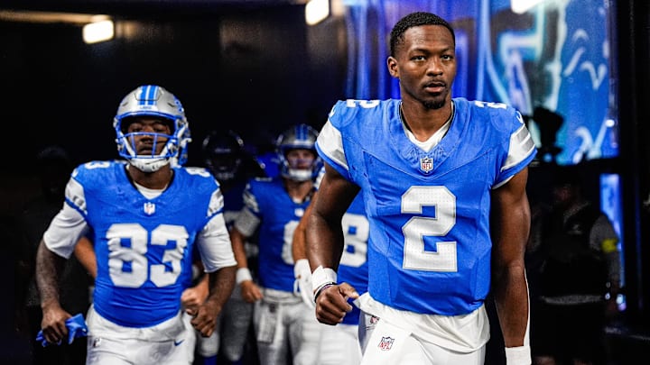 Detroit Lions quarterback Hendon Hooker (2) takes the field for practice ahead the Houston Texans game at Ford Field in Detroit on Saturday, August 23, 2025.