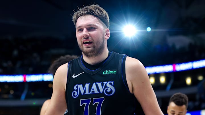 Dec 6, 2023; Dallas, Texas, USA;  Dallas Mavericks guard Luka Doncic (77) after the second quarter