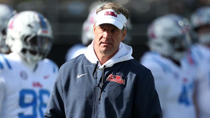 Nov 28, 2025; Starkville, Mississippi, USA; Mississippi Rebels head coach Lane Kiffin looks on before the game against the Mississippi State Bulldogs at Davis Wade Stadium at Scott Field. Mandatory Credit: Petre Thomas-Imagn Images