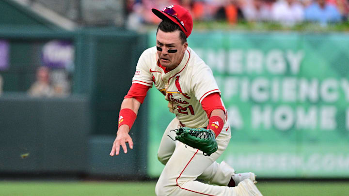 Sep 6, 2025; St. Louis, Missouri, USA; St. Louis Cardinals outfielder Lars Nootbaar (21) makes the catch on a fly ball to left field by San Francisco Giants catcher Patrick Bailey (14) in the second inning at Busch Stadium. Mandatory Credit: Tim Vizer-Imagn Images Sep 6, 2025; St. Louis, Missouri, USA; St. Louis Cardinals outfielder Lars Nootbaar (21) makes the catch on a fly ball to left field by San Francisco Giants catcher Patrick Bailey (14) in the second inning at Busch Stadium. Mandatory Credit: Tim Vizer-Imagn Images