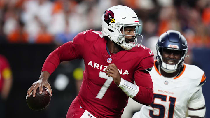 Aug 16, 2025; Denver, Colorado, USA; Arizona Cardinals quarterback Jacoby Brissett (7) during the first quarter against the Denver Broncos at Empower Field at Mile High. Mandatory Credit: Ron Chenoy-Imagn Images Aug 16, 2025; Denver, Colorado, USA; Arizona Cardinals quarterback Jacoby Brissett (7) during the first quarter against the Denver Broncos at Empower Field at Mile High. Mandatory Credit: Ron Chenoy-Imagn Images