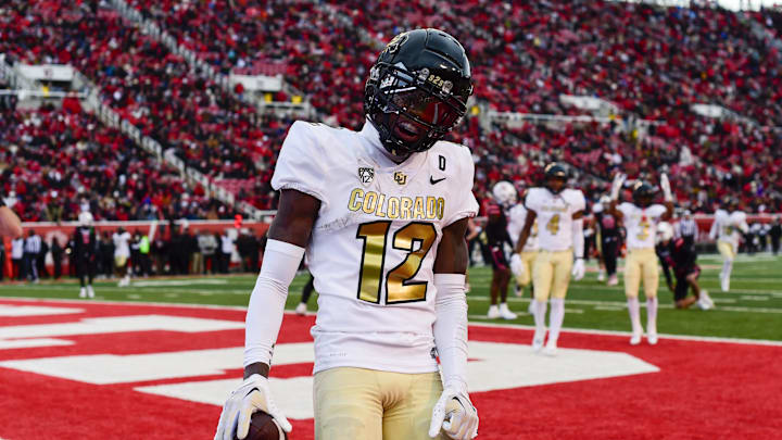 Nov 25, 2023; Salt Lake City, Utah, USA; Colorado Buffaloes athlete Travis Hunter (12) reacts after