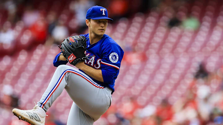 Apr 2, 2025; Cincinnati, Ohio, USA; Texas Rangers starting pitcher Jack Leiter (35) pitches in the second inning against the Cincinnati Reds at Great American Ball Park.