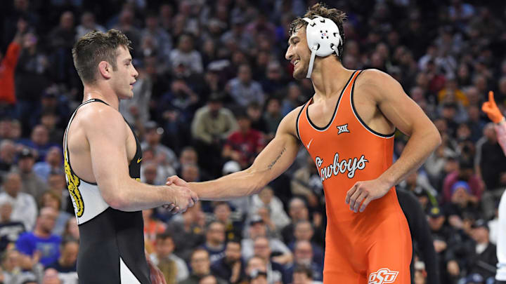 Mar 22, 2025; Philadelphia, PA, USA; Dean Hamiti of the Oklahoma State Cowboys celebrates win against Keegan O'Toole of the Missouri Tigers during the Division I Men's Wrestling Championship held at Wells Fargo Center. Mandatory Credit: Eric Hartline-Imagn Images Mar 22, 2025; Philadelphia, PA, USA; Dean Hamiti of the Oklahoma State Cowboys celebrates win against Keegan O'Toole of the Missouri Tigers during the Division I Men's Wrestling Championship held at Wells Fargo Center. Mandatory Credit: Eric Hartline-Imagn Images