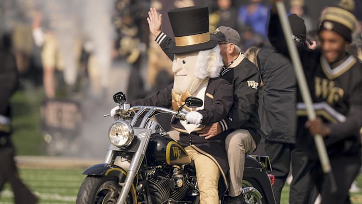 Nov 30, 2024; Winston-Salem, North Carolina, USA; Demon Deacons mascot rides onto the field ahead of the team during the first half against the Duke Blue Devils at Allegacy Federal Credit Union Stadium. Mandatory Credit: Jim Dedmon-Imagn Images Nov 30, 2024; Winston-Salem, North Carolina, USA; Demon Deacons mascot rides onto the field ahead of the team during the first half against the Duke Blue Devils at Allegacy Federal Credit Union Stadium. Mandatory Credit: Jim Dedmon-Imagn Images