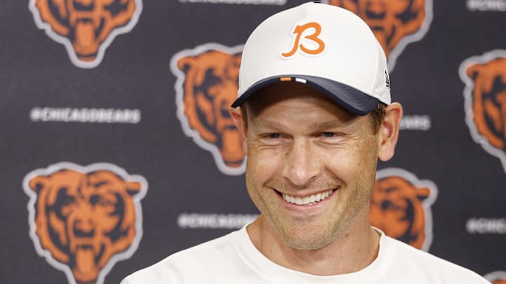Jul 24, 2025; Lake Forest, IL, USA; Chicago Bears head coach Ben Johnson speaks during training camp at Halas Hall. Mandatory Credit: Kamil Krzaczynski-Imagn Images