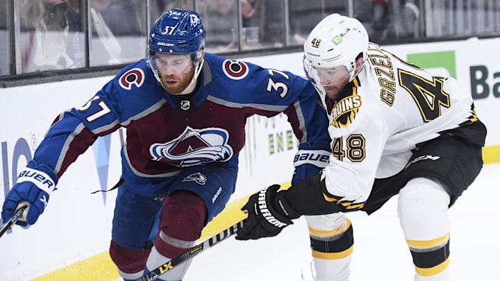Dec 3, 2022; Boston, Massachusetts, USA; Colorado Avalanche left wing J.T. Compher (37) and Boston