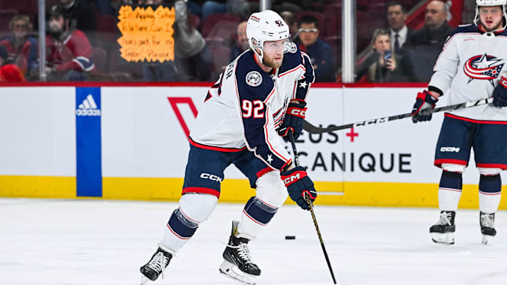 Mar 12, 2024; Montreal, Quebec, CAN; Columbus Blue Jackets left wing Alex Nylander (92) skates with a puck during warm-up before the game against the Montreal Canadiens at Bell Centre. Mandatory Credit: David Kirouac-Imagn Images