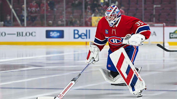 Dec 5, 2024; Montreal, Quebec, CAN; Montreal Canadiens goalie Sam Montembeault (35) skates first on the ice during warm-up before the game against the Nashville Predators at Bell Centre. Mandatory Credit: David Kirouac-Imagn Images