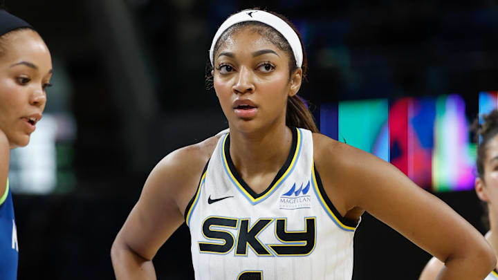 May 6, 2025; Chicago, IL, USA; Chicago Sky forward Angel Reese (5) during the second half of a WNBA pre-season game at Wintrust Arena.