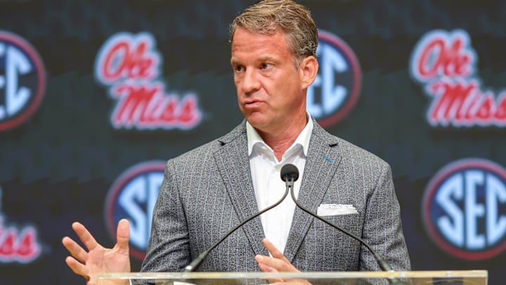 Jul 14, 2025; Atlanta, GA, USA; Ole Miss Rebels head coach Lane Kiffin speaks to the media during SEC Media Day at Omni Atlanta Hotel. Mandatory Credit: Jordan Godfree-Imagn Images