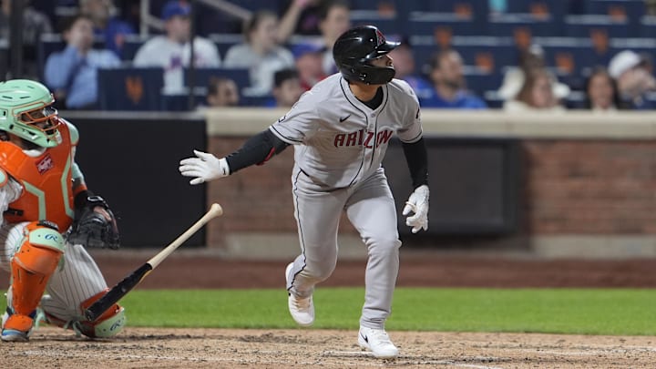 Apr 30, 2025; New York City, New York, USA; Arizona Diamondbacks center fielder Jorge Barrosa (1) hits a sacrifice fly ball against the New York Mets during the ninth inning at Citi Field. Mandatory Credit: Gregory Fisher-Imagn Images Apr 30, 2025; New York City, New York, USA; Arizona Diamondbacks center fielder Jorge Barrosa (1) hits a sacrifice fly ball against the New York Mets during the ninth inning at Citi Field. Mandatory Credit: Gregory Fisher-Imagn Images