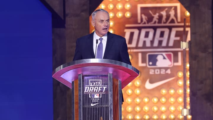 Jul 14, 2024; Ft. Worth, TX, USA; MLB Commissioner Rob Manfred during the first round of the MLB Draft at Cowtown Coliseum. Mandatory Credit: Kevin Jairaj-USA TODAY Sports Jul 14, 2024; Ft. Worth, TX, USA; MLB Commissioner Rob Manfred during the first round of the MLB Draft at Cowtown Coliseum. Mandatory Credit: Kevin Jairaj-USA TODAY Sports