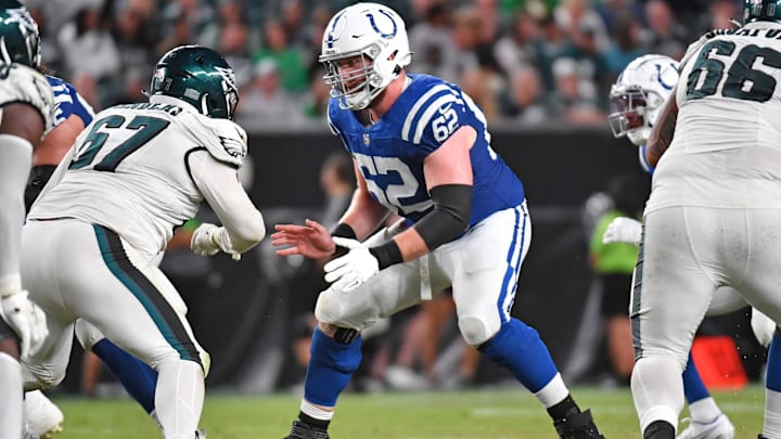 Aug 24, 2023; Philadelphia, Pennsylvania, USA; Indianapolis Colts center Wesley French (62) against the Philadelphia Eagles at Lincoln Financial Field. Mandatory Credit: Eric Hartline-Imagn Images Aug 24, 2023; Philadelphia, Pennsylvania, USA; Indianapolis Colts center Wesley French (62) against the Philadelphia Eagles at Lincoln Financial Field. Mandatory Credit: Eric Hartline-Imagn Images